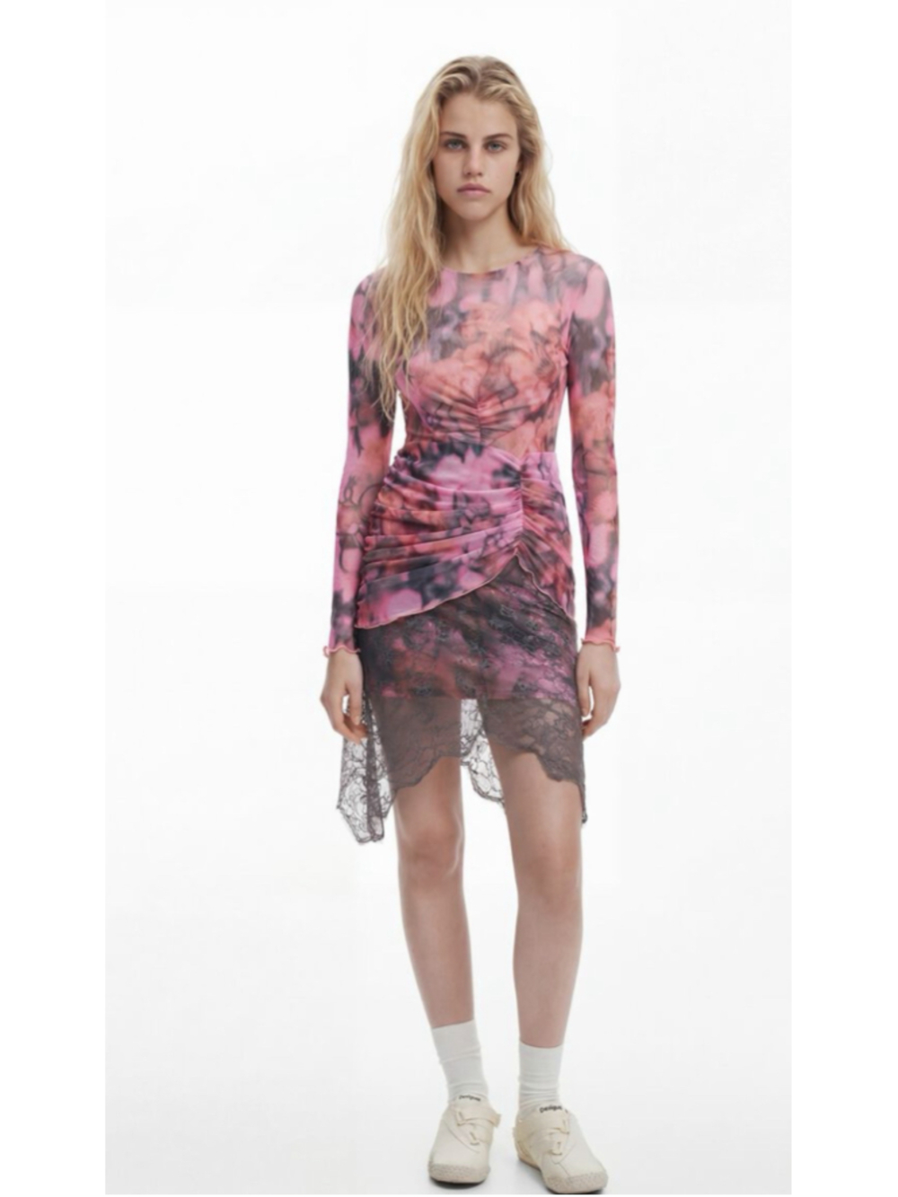 Desigual Mini Dress Size M Pink Black Floral Mesh Lace
